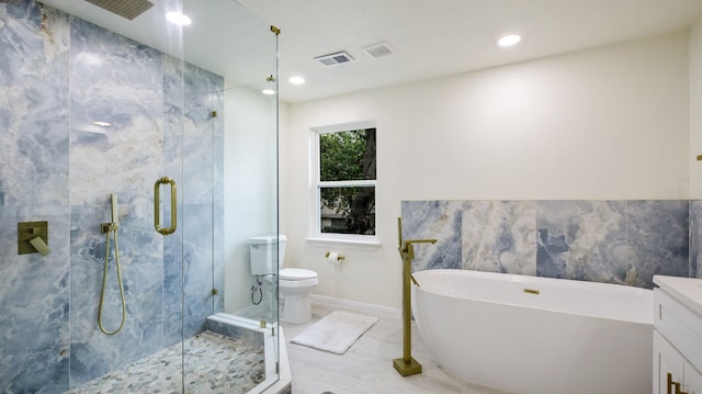 full bathroom with vanity, toilet, independent shower and bath, and tile walls