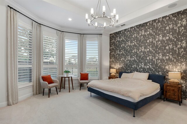 bedroom with a notable chandelier, ornamental molding, and carpet