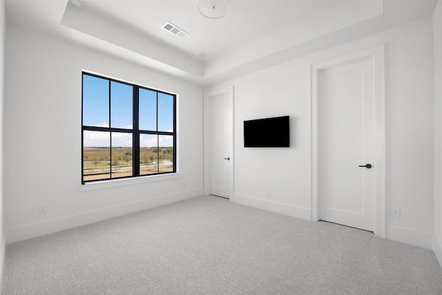 spare room featuring light carpet and a tray ceiling