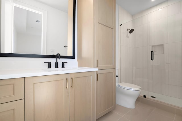 bathroom with vanity, an enclosed shower, tile patterned flooring, and toilet