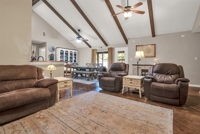 living room with beam ceiling, high vaulted ceiling, and ceiling fan