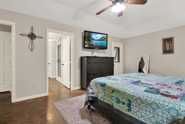 tiled bedroom with ceiling fan