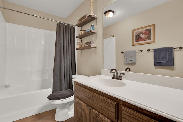 full bathroom with vanity, shower / tub combo with curtain, toilet, and tile patterned flooring