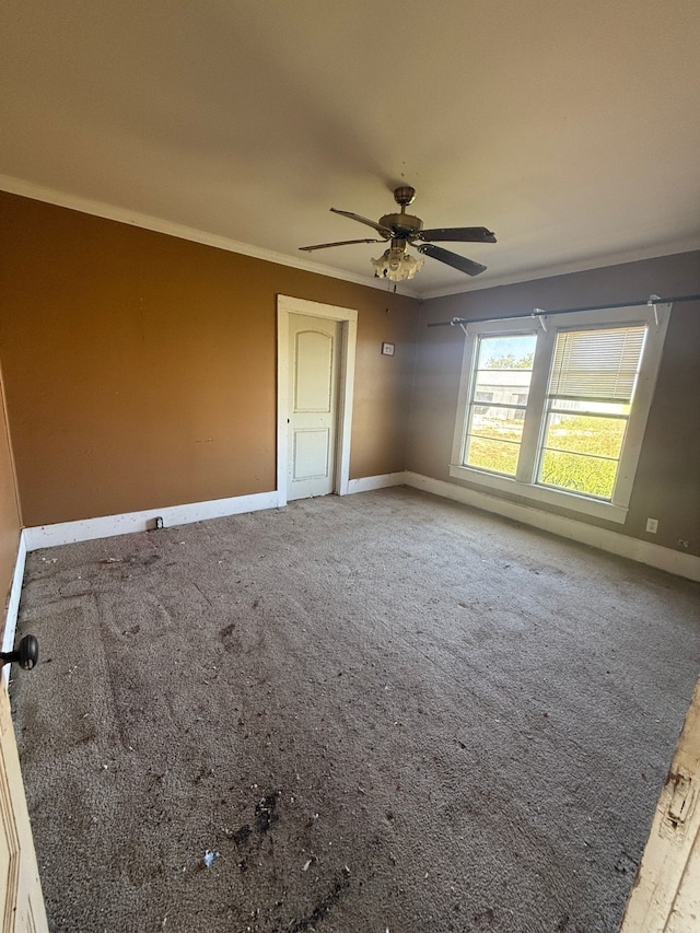 carpeted spare room featuring crown molding and ceiling fan