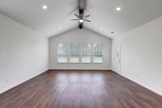 unfurnished living room with dark hardwood / wood-style floors, lofted ceiling with beams, and ceiling fan