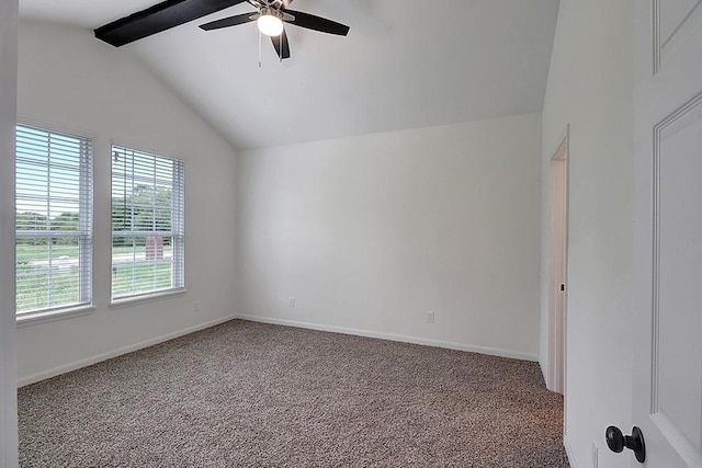 spare room with vaulted ceiling with beams, carpet floors, and ceiling fan