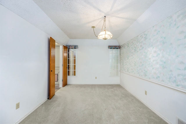 carpeted empty room featuring lofted ceiling and a textured ceiling