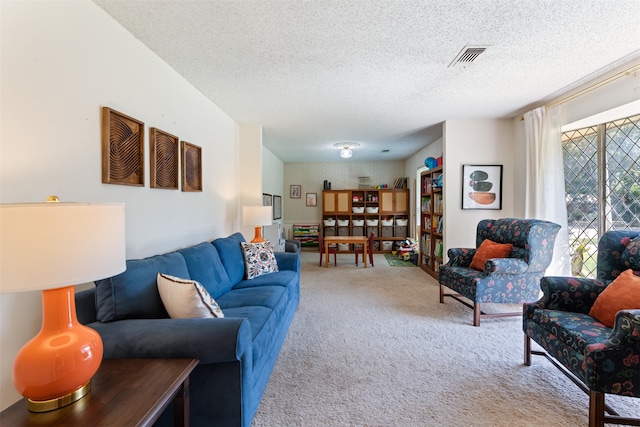 carpeted living room with a textured ceiling