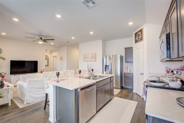 kitchen featuring sink, ceiling fan, stainless steel appliances, dark hardwood / wood-style floors, and a kitchen island with sink