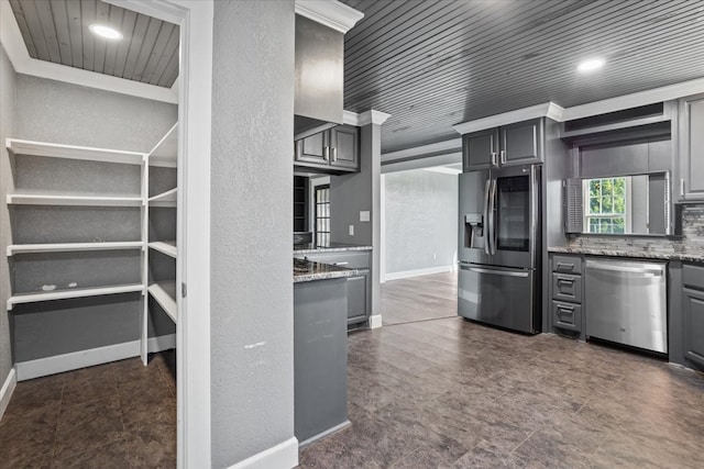 kitchen featuring appliances with stainless steel finishes, wooden ceiling, and gray cabinetry