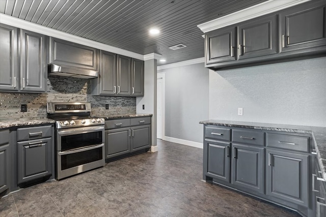 kitchen featuring gray cabinets, ornamental molding, ventilation hood, and double oven range