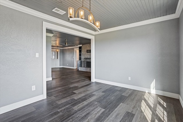 unfurnished dining area featuring a notable chandelier, dark hardwood / wood-style flooring, wooden ceiling, a fireplace, and crown molding