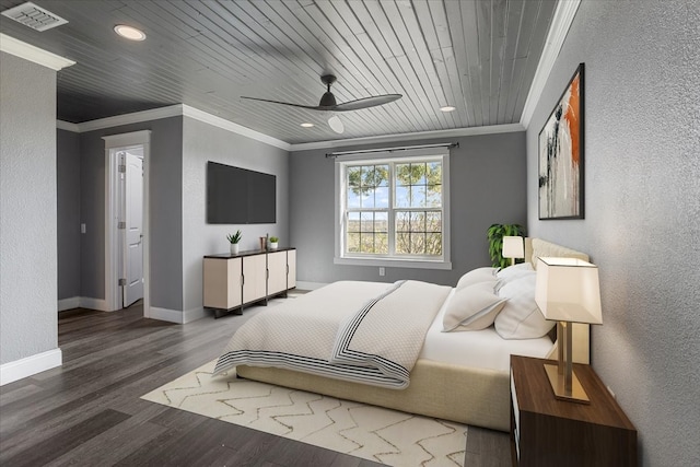 bedroom with wood ceiling, hardwood / wood-style flooring, crown molding, and ceiling fan