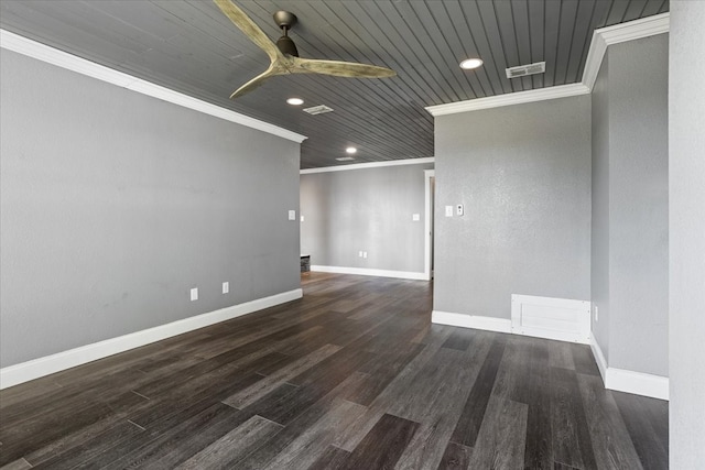 unfurnished room featuring ornamental molding, wood ceiling, dark hardwood / wood-style floors, and ceiling fan