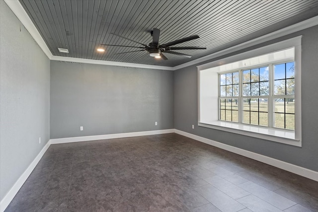 unfurnished room with ceiling fan, ornamental molding, and wooden ceiling