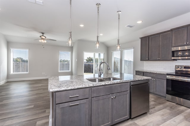 kitchen with appliances with stainless steel finishes, a kitchen island with sink, sink, and plenty of natural light