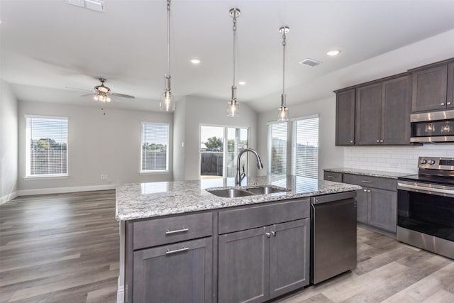 113 Bailey Ranch Dr, Lindsay, TX 76240 - kitchen featuring stainless steel appliances, a sink, a ceiling fan, a kitchen island with sink, and light wood-type flooring