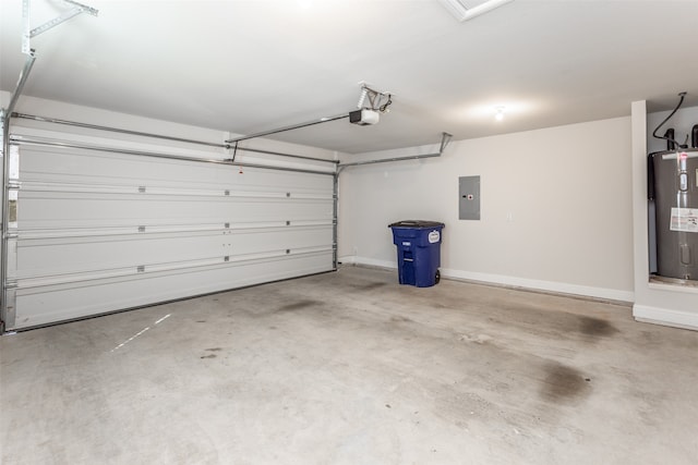 garage featuring electric panel, a garage door opener, and electric water heater