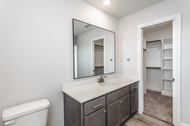 bathroom with vanity, wood-type flooring, and toilet