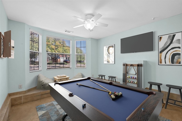 playroom featuring ceiling fan and billiards