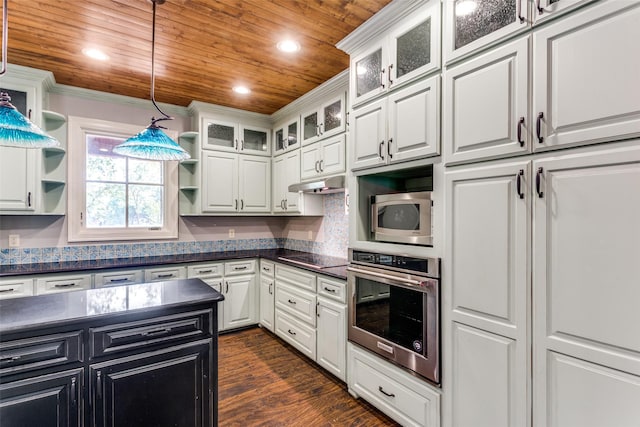 kitchen featuring pendant lighting, white cabinets, stainless steel appliances, dark wood-type flooring, and wooden ceiling