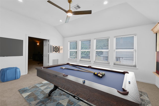 rec room with vaulted ceiling, light colored carpet, ceiling fan, and billiards