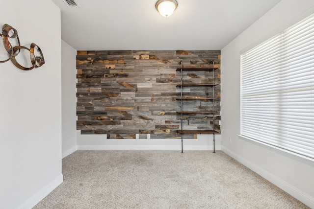 room details featuring wood walls and carpet