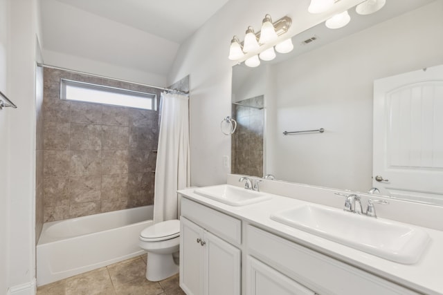 full bathroom with toilet, tile patterned floors, vanity, and shower / bathtub combination with curtain