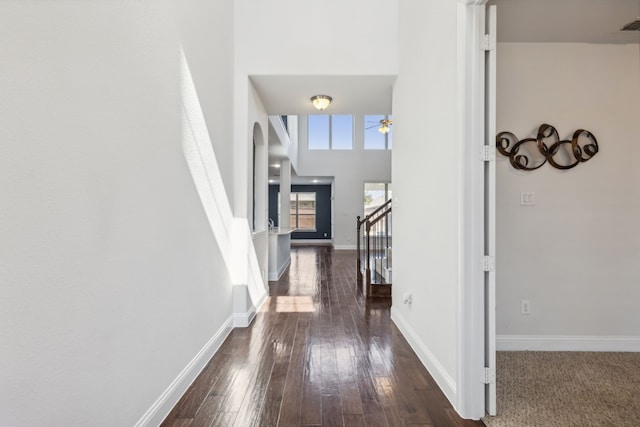 hallway with a towering ceiling and dark hardwood / wood-style floors