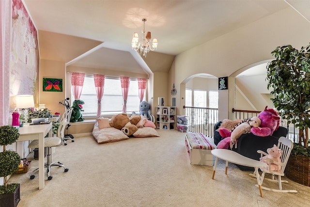 game room featuring lofted ceiling, carpet flooring, arched walkways, and a notable chandelier