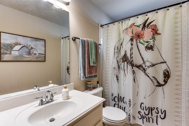 3048 S Camino Lagos, Grand Prairie, TX 75054 - bathroom with toilet, vanity, a shower with shower curtain, and a textured wall