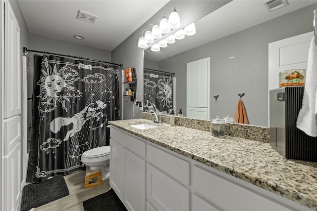 bathroom with vanity, wood-type flooring, and toilet