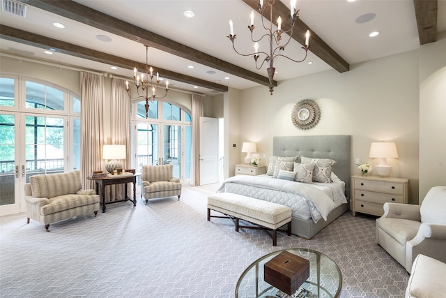 bedroom with beam ceiling, a chandelier, carpet flooring, and french doors