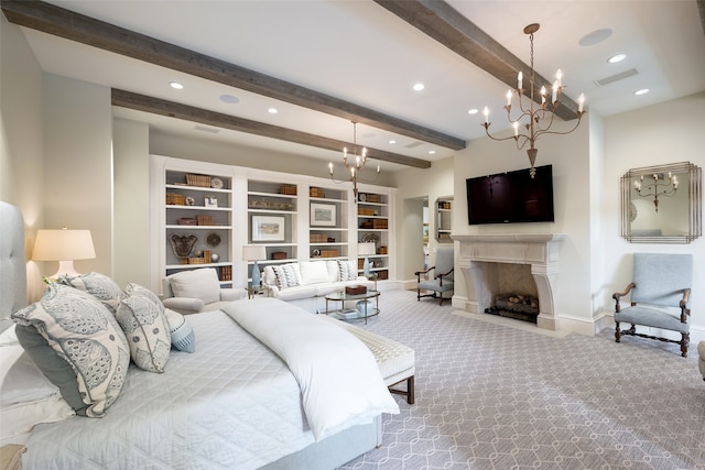 bedroom featuring carpet, beamed ceiling, and a chandelier