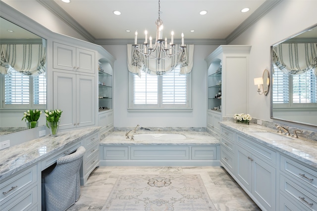 bathroom with a wealth of natural light, crown molding, and a bath