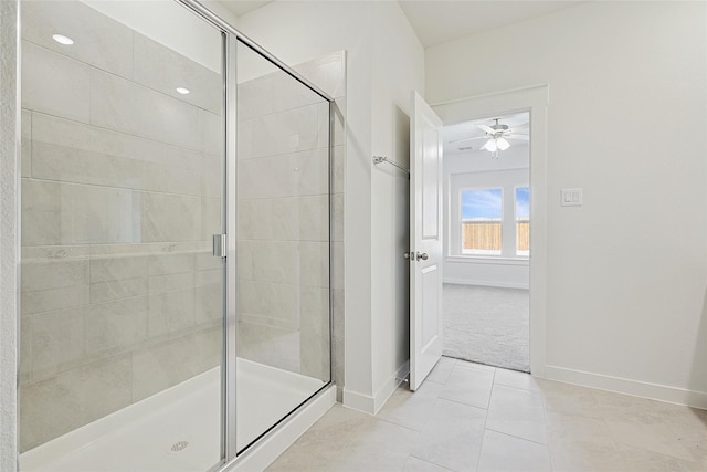 bathroom featuring walk in shower and tile patterned floors