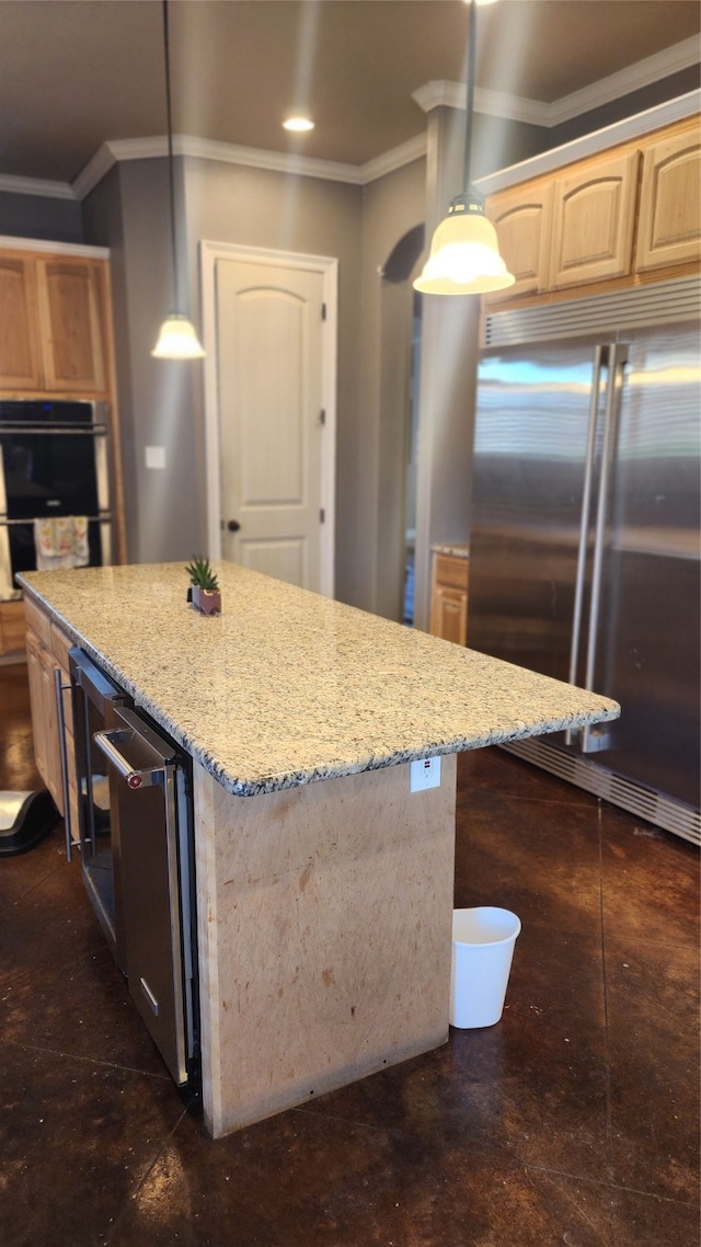 kitchen with stainless steel appliances, light stone countertops, ornamental molding, decorative light fixtures, and light brown cabinets