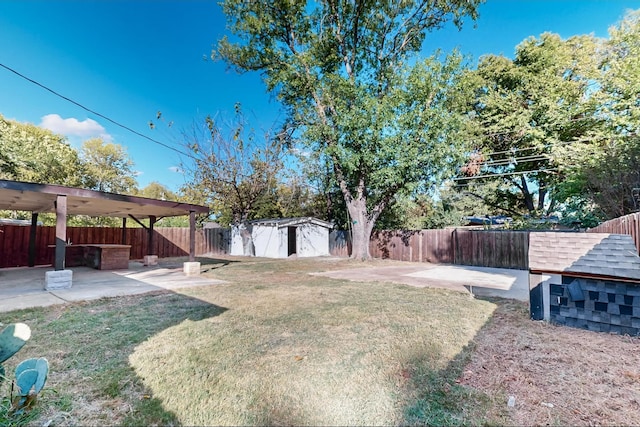 view of yard featuring a shed and a patio area