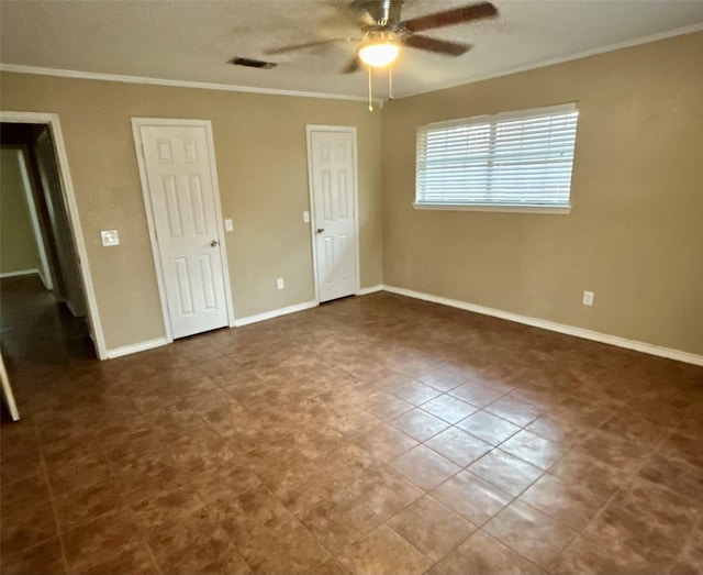 unfurnished bedroom with ceiling fan and ornamental molding