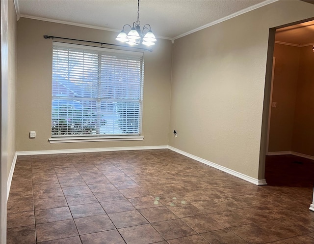 tiled spare room featuring a notable chandelier, crown molding, and a textured ceiling