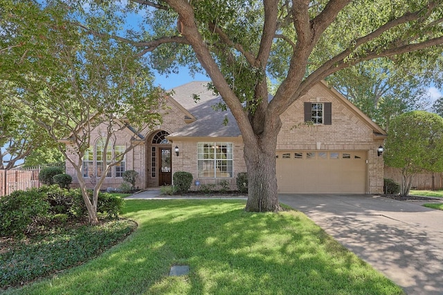 view of front of property with a garage and a front lawn