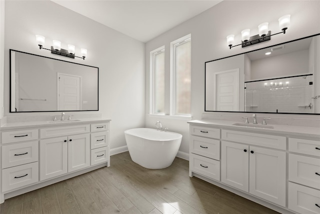 bathroom featuring a shower stall, two vanities, a sink, and wood finished floors