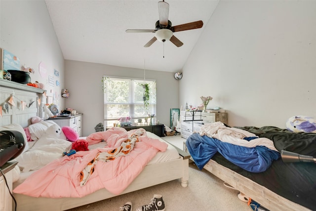 carpeted bedroom with high vaulted ceiling and ceiling fan