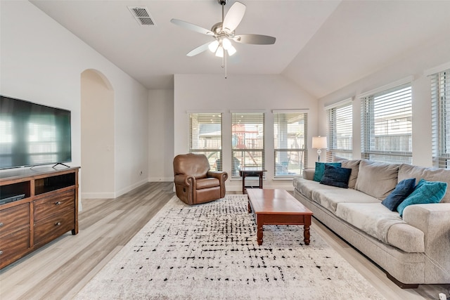 living room featuring ceiling fan, lofted ceiling, and light wood-type flooring