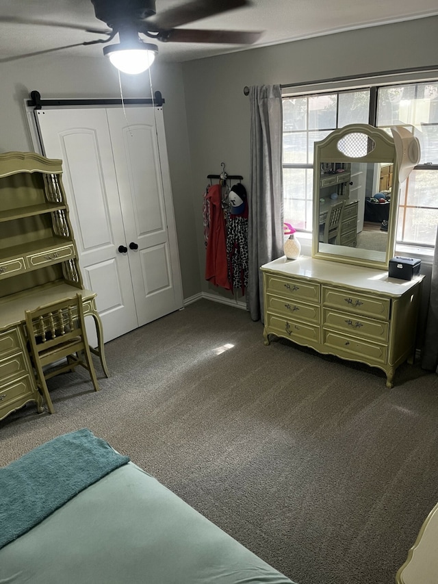 bedroom featuring carpet flooring, a closet, and ceiling fan