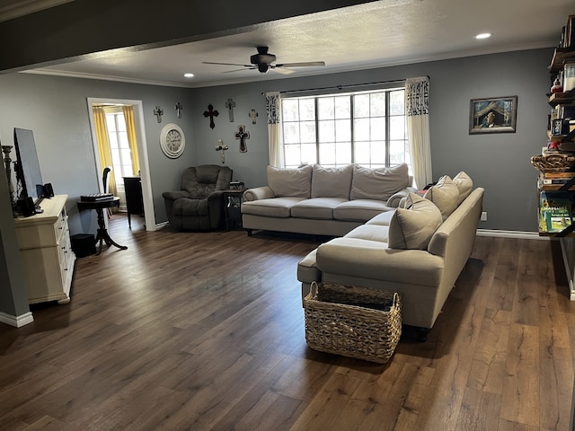 living room with crown molding, dark wood-type flooring, and ceiling fan