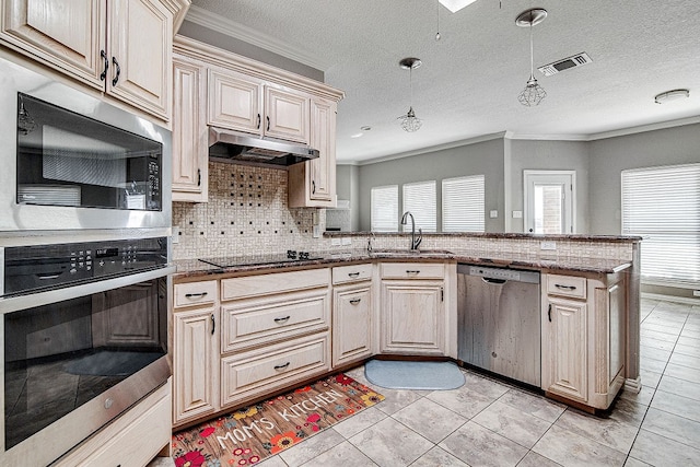 kitchen with ornamental molding, sink, appliances with stainless steel finishes, and hanging light fixtures