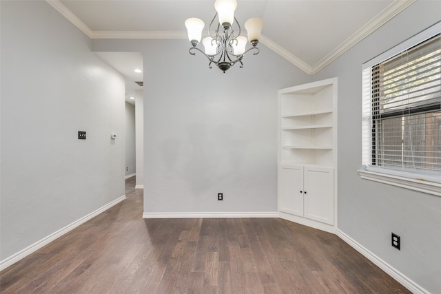 unfurnished room featuring ornamental molding, dark hardwood / wood-style flooring, lofted ceiling, and an inviting chandelier