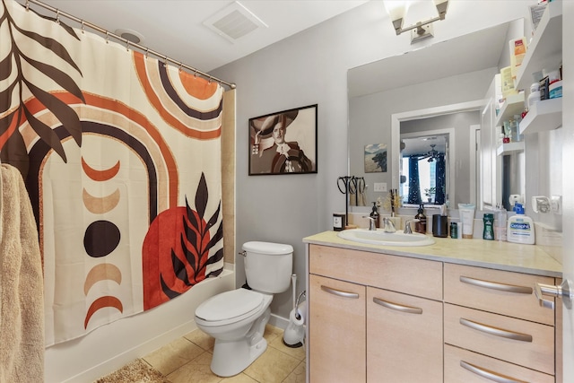 full bathroom with vanity, toilet, shower / bath combination with curtain, and tile patterned flooring