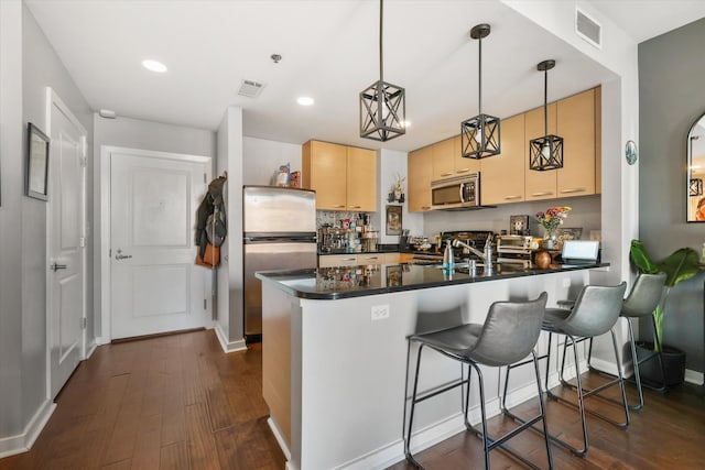 kitchen with appliances with stainless steel finishes, kitchen peninsula, dark hardwood / wood-style floors, and hanging light fixtures